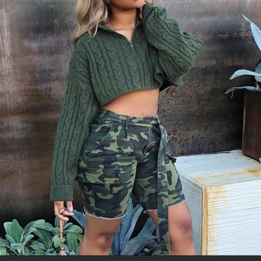 Crop Stylish Turndown Collar Half Zip Up Long Sleeve Army Green Sweater